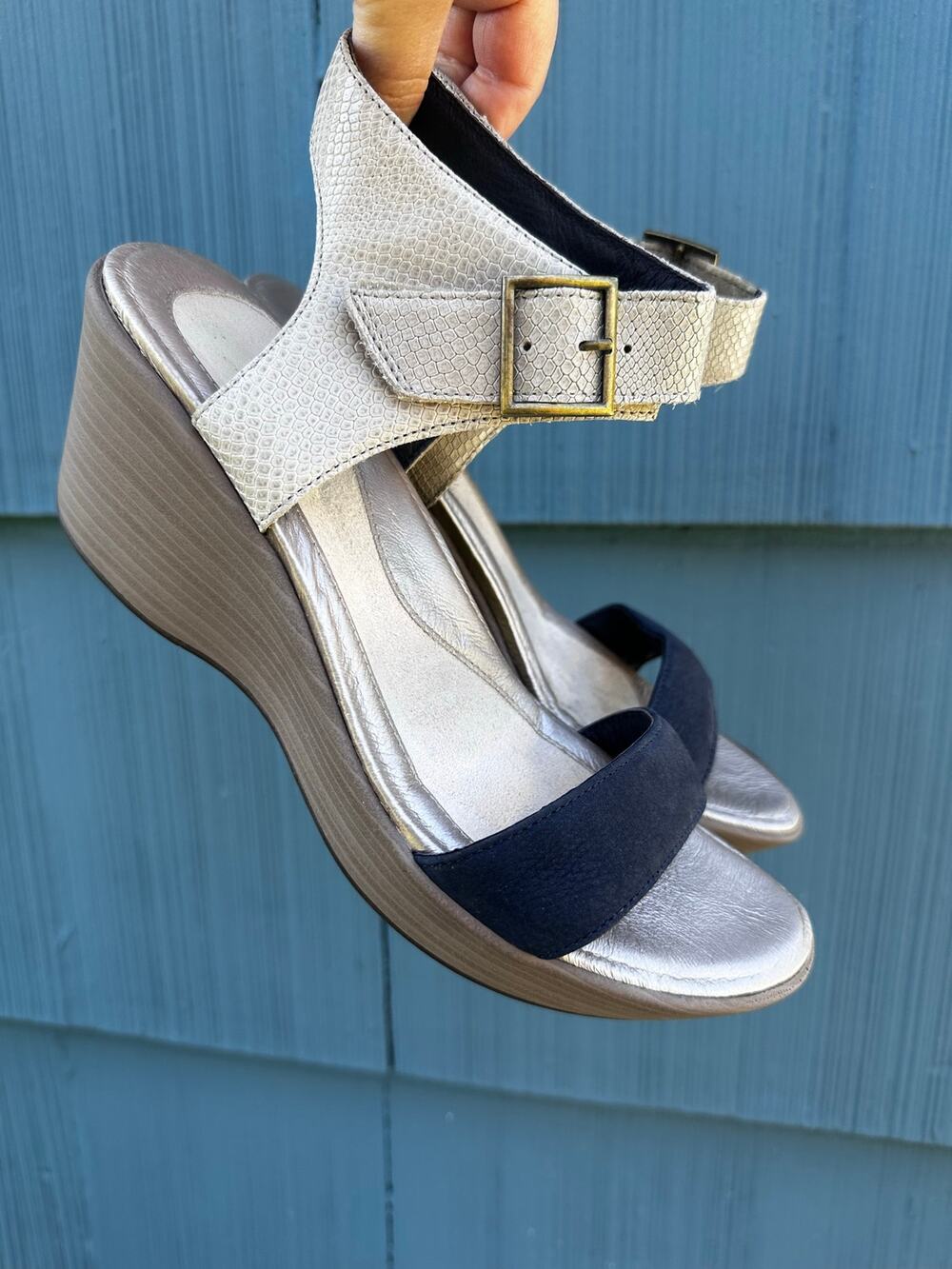 NAOT Women's US 9/9.5 Caprice Beige Lizard Leather Navy Nubuck Wedge Sandals